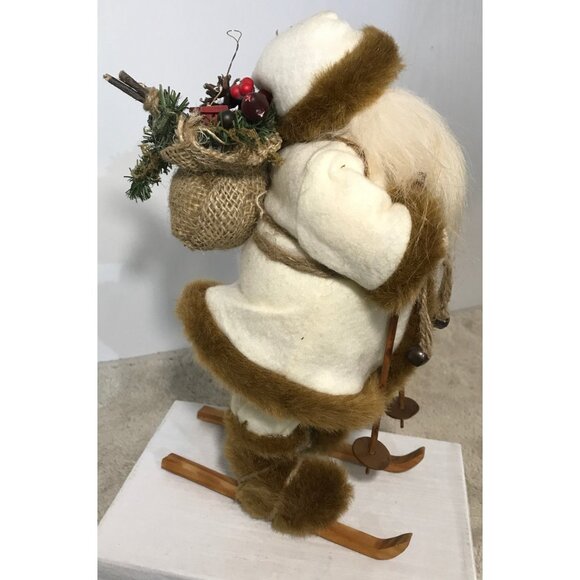 Skiing Santa Claus Figure 12" Faux Fur Burlap Wooden Ski Rustic Christmas - Picture 6 of 10